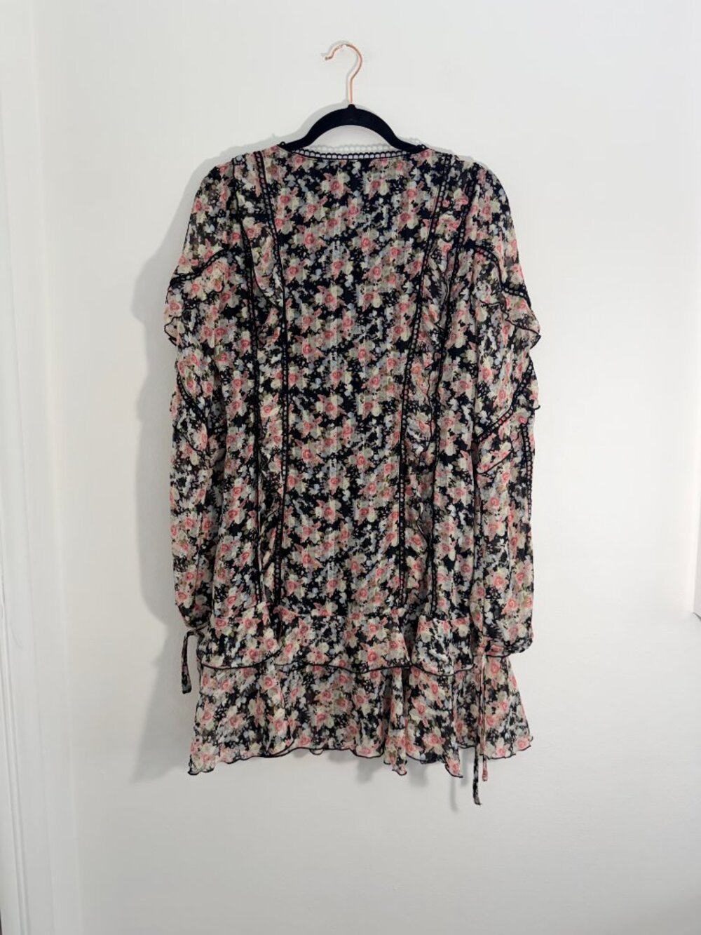 Fashion Nova Floral Ruffle Mini Dress Black Pink Rose Print Long Sleeve Boho - Picture 6 of 8